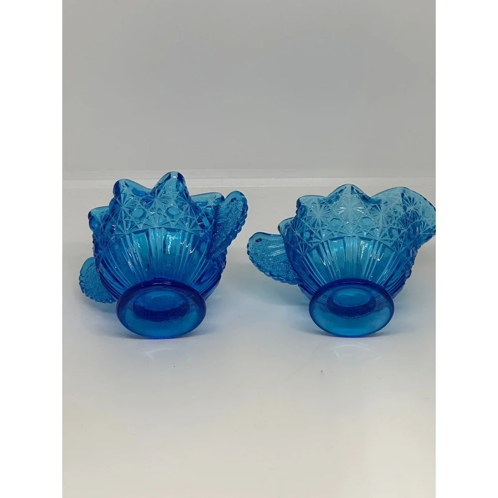 VTG Fenton Blue Glass Creamer Sugar Bowl Set Daisy Button Pattern Scalloped Edge